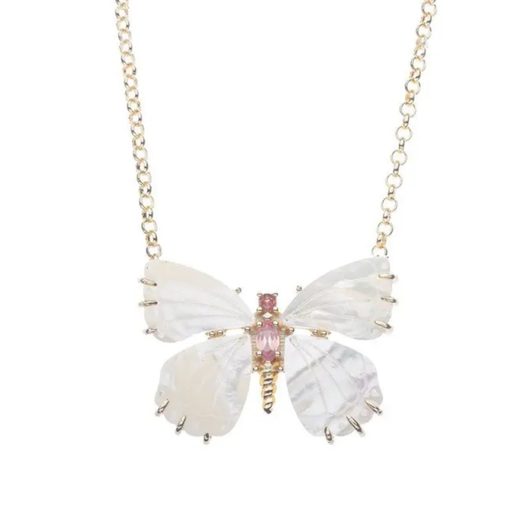 Gold Butterfly Pendant Necklace with White Mother-of-Pearl Wings